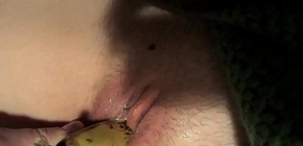  Girlfriends shaved pussy gets fucked deep with banana